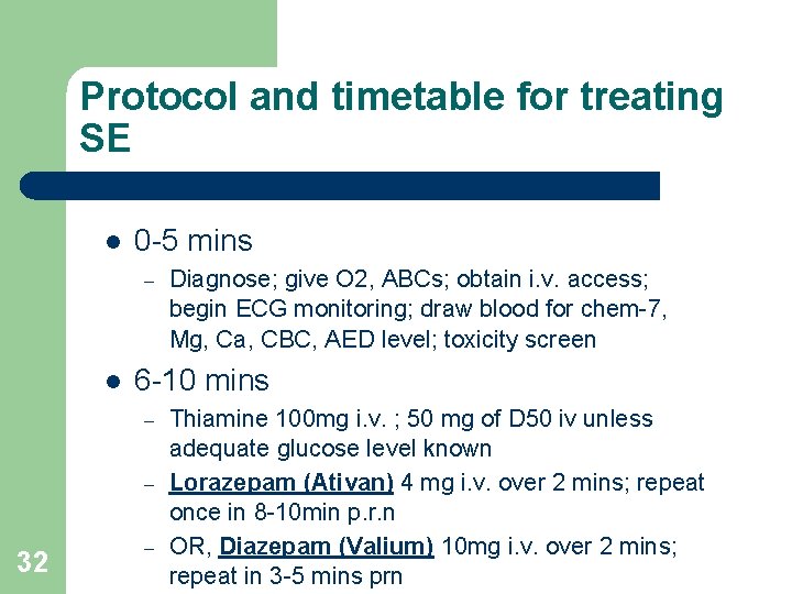 Protocol and timetable for treating SE l 0 -5 mins – l 6 -10
