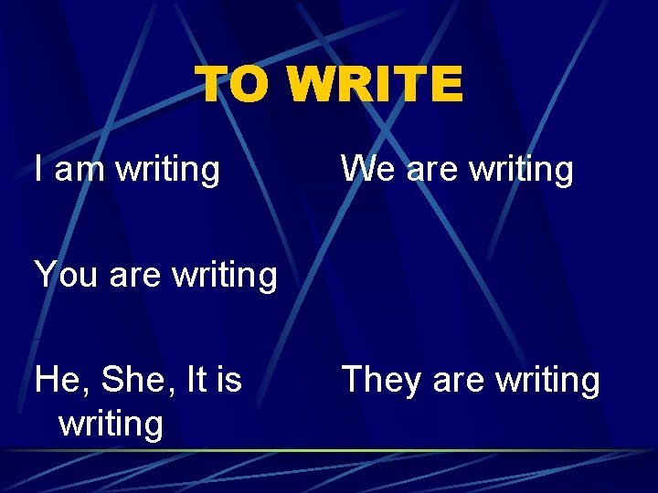 TO WRITE I am writing We are writing You are writing He, She, It