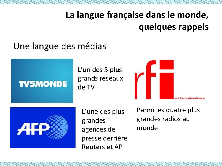 La langue française dans le monde, quelques rappels Une langue des médias L’un des