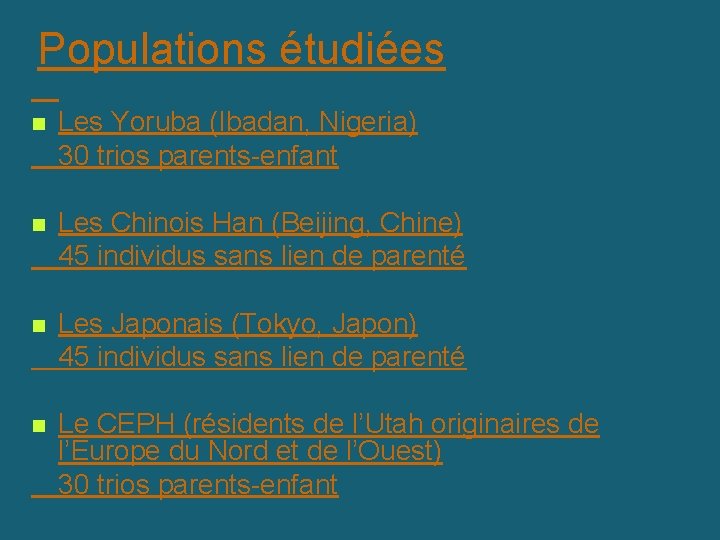 Populations étudiées n Les Yoruba (Ibadan, Nigeria) 30 trios parents-enfant n Les Chinois Han