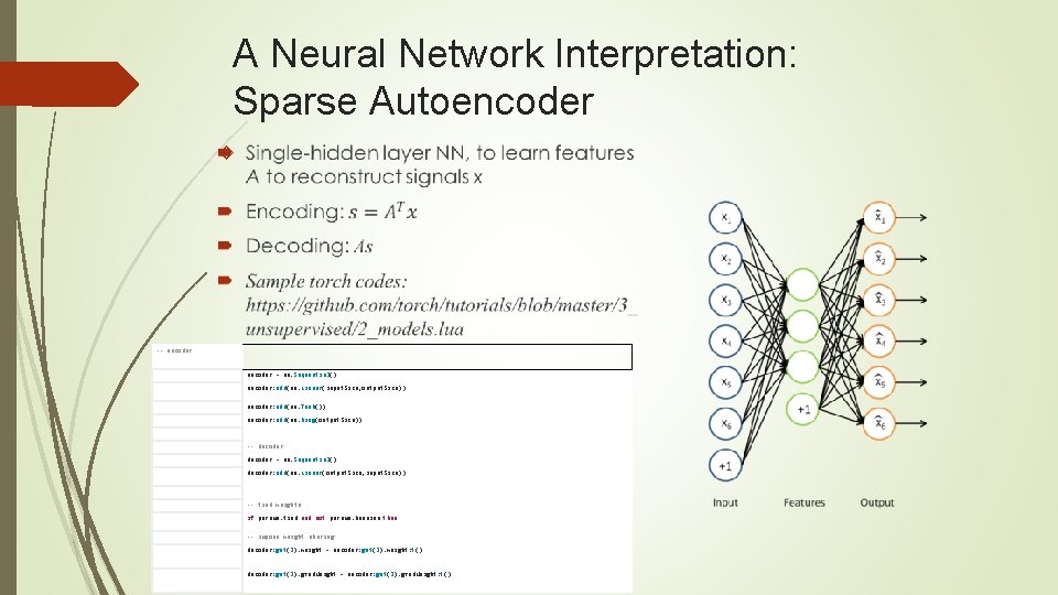 A Neural Network Interpretation: Sparse Autoencoder -- encoder = nn. Sequential() encoder: add(nn. Linear(input.