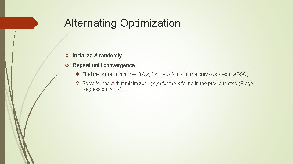 Alternating Optimization Initialize A randomly Repeat until convergence Find the s that minimizes J(A,