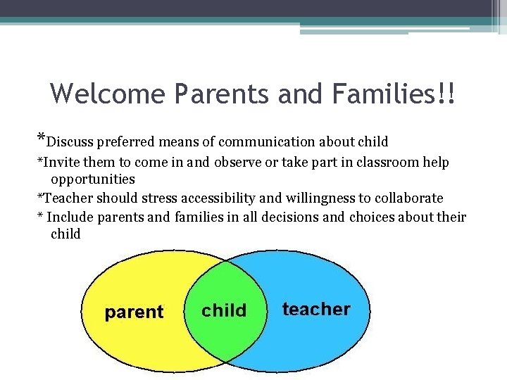 Welcome Parents and Families!! *Discuss preferred means of communication about child *Invite them to