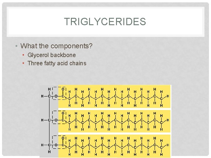 TRIGLYCERIDES • What the components? • Glycerol backbone • Three fatty acid chains TRIGLYCERIDES • What the components? • Glycerol backbone • Three fatty acid chains