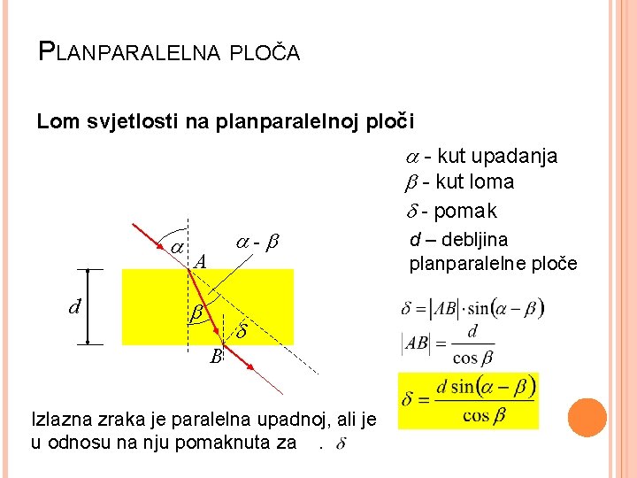 PLANPARALELNA PLOČA Lom svjetlosti na planparalelnoj ploči - kut upadanja - kut loma -