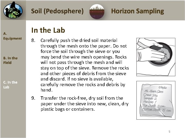 In the Lab 8. Carefully push the dried soil material through the mesh onto