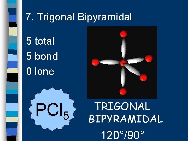 7. Trigonal Bipyramidal 5 total 5 bond 0 lone PCl 5 TRIGONAL BIPYRAMIDAL 120°/90°