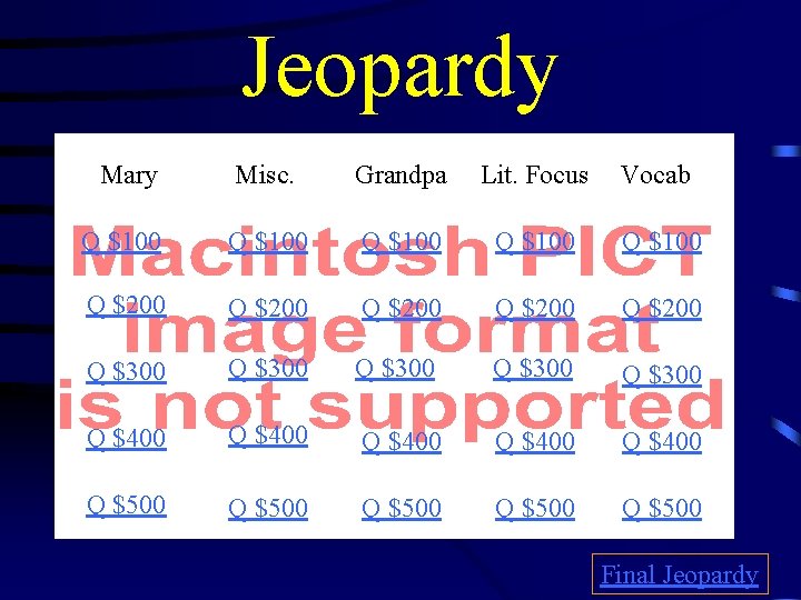 Jeopardy Mary Misc. Grandpa Lit. Focus Vocab Q $100 Q $100 Q $200 Q