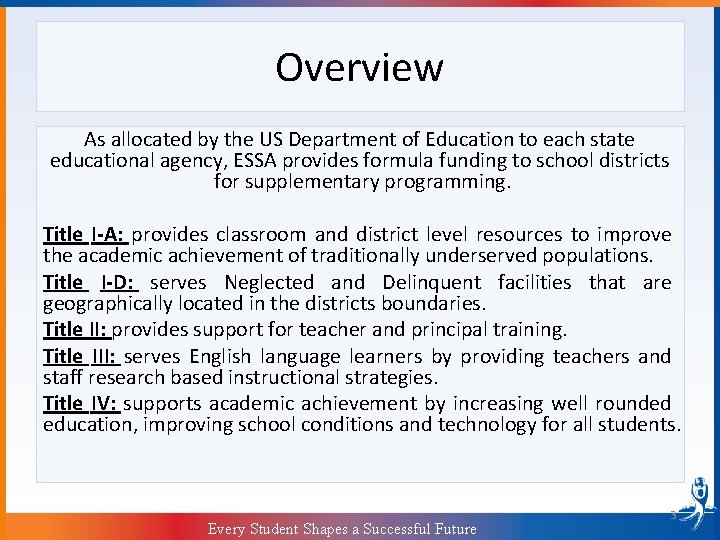 Overview As allocated by the US Department of Education to each state educational agency,