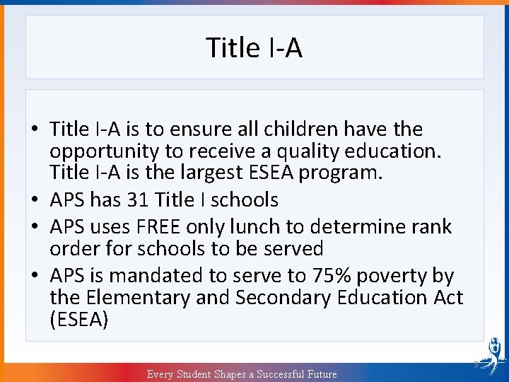 Title I-A • Title I-A is to ensure all children have the opportunity to
