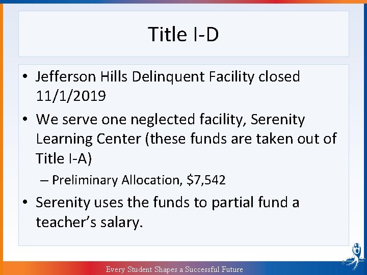 Title I-D • Jefferson Hills Delinquent Facility closed 11/1/2019 • We serve one neglected