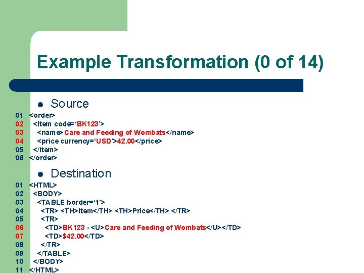 Example Transformation (0 of 14) l Source 01 <order> 02 <item code=‘BK 123’> 03