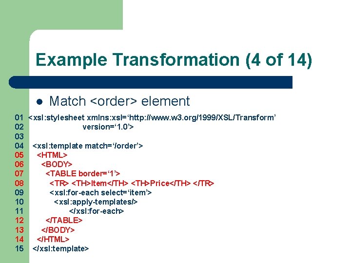 Example Transformation (4 of 14) l Match <order> element 01 <xsl: stylesheet xmlns: xsl=‘http: