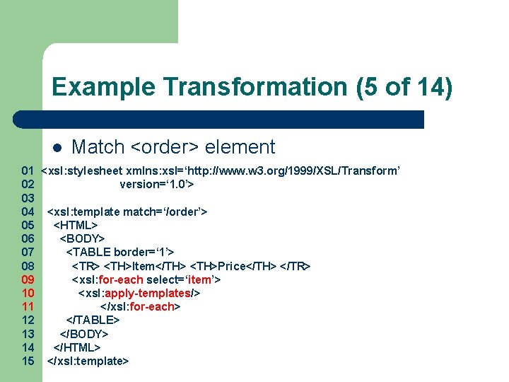 Example Transformation (5 of 14) l Match <order> element 01 <xsl: stylesheet xmlns: xsl=‘http: