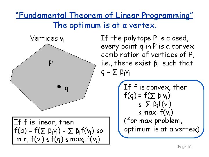 “Fundamental Theorem of Linear Programming” The optimum is at a vertex. If the polytope