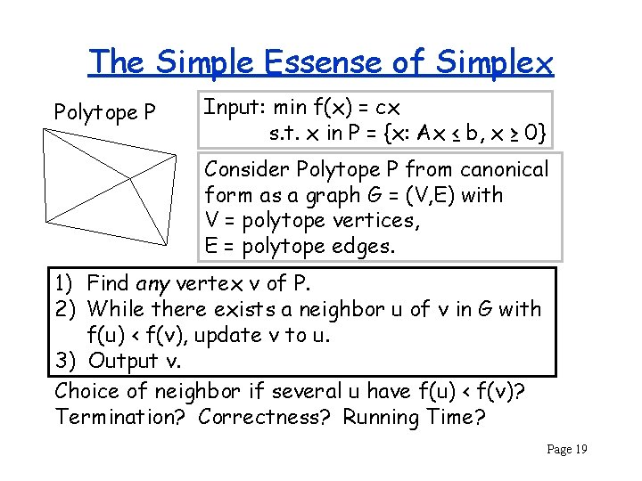 The Simple Essense of Simplex Polytope P Input: min f(x) = cx s. t.