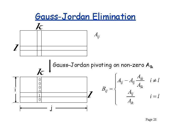 Gauss-Jordan Elimination Gauss-Jordan pivoting on non-zero Alk i 0 0 1 0 j Page