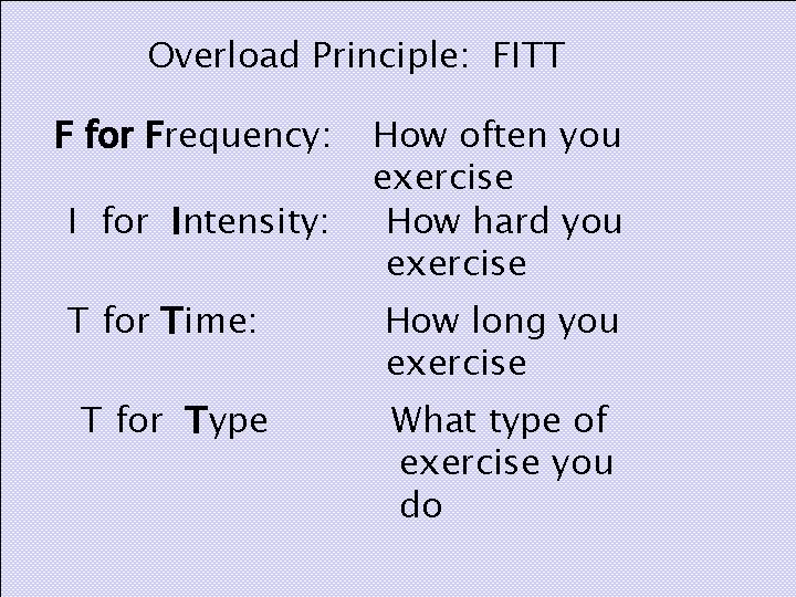 Overload Principle: FITT F for Frequency: I for Intensity: T for Time: T for