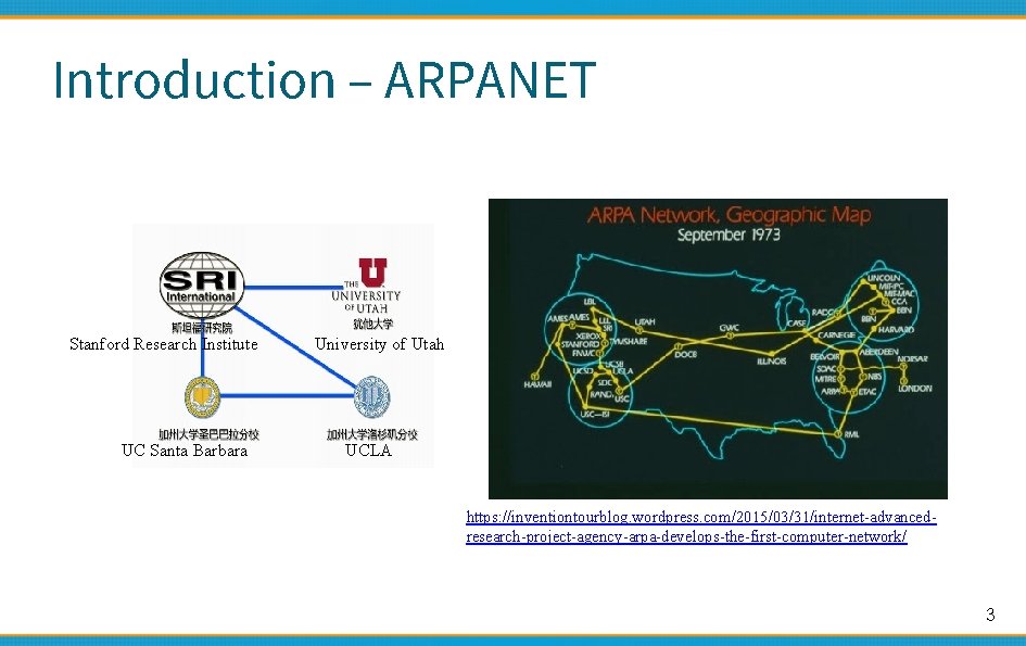 Introduction – ARPANET Stanford Research Institute UC Santa Barbara University of Utah UCLA https: