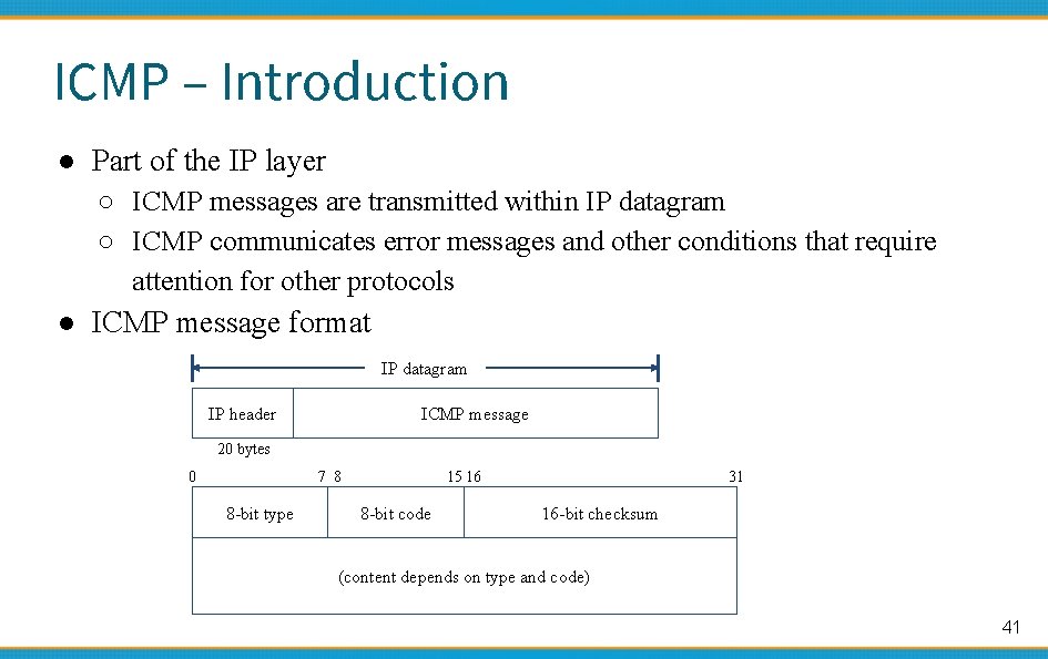 ICMP – Introduction ● Part of the IP layer ○ ICMP messages are transmitted