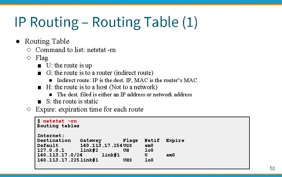 IP Routing – Routing Table (1) ● Routing Table ○ Command to list: netstat