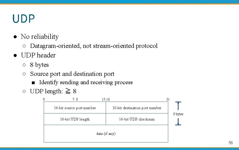 UDP ● No reliability ○ Datagram-oriented, not stream-oriented protocol ● UDP header ○ 8