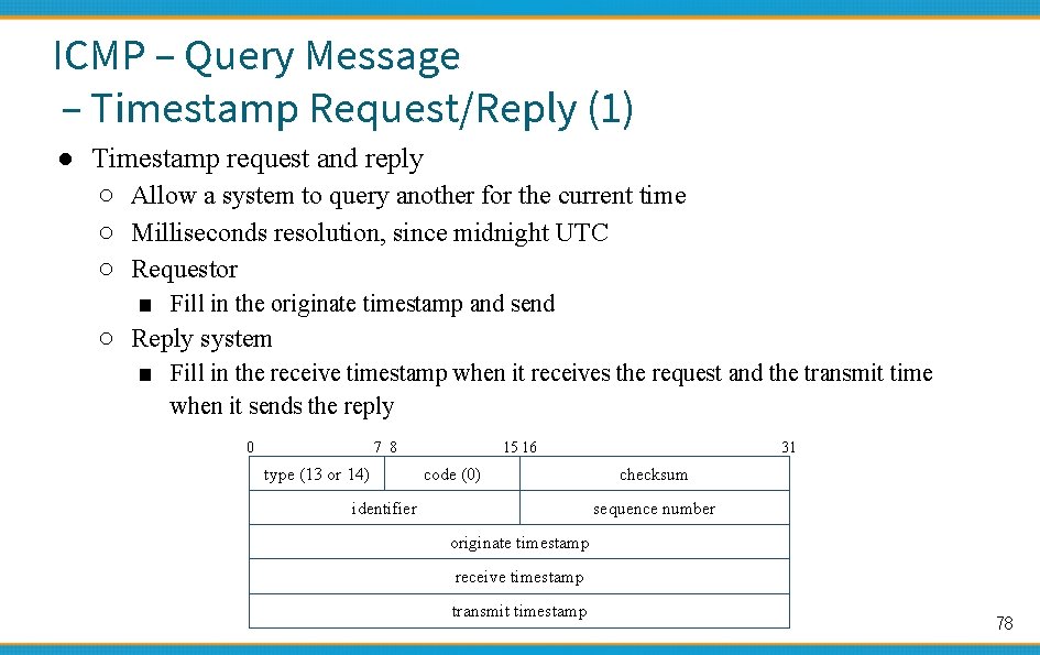 ICMP – Query Message – Timestamp Request/Reply (1) ● Timestamp request and reply ○
