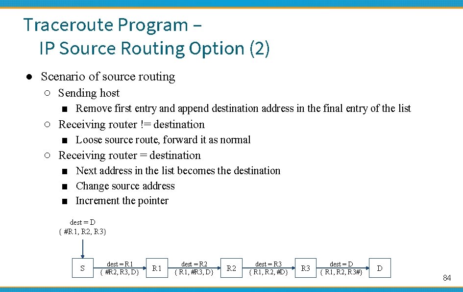 Traceroute Program – IP Source Routing Option (2) ● Scenario of source routing ○