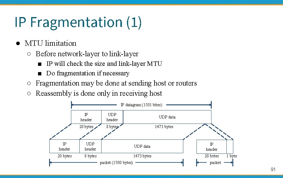 IP Fragmentation (1) ● MTU limitation ○ Before network-layer to link-layer ■ IP will