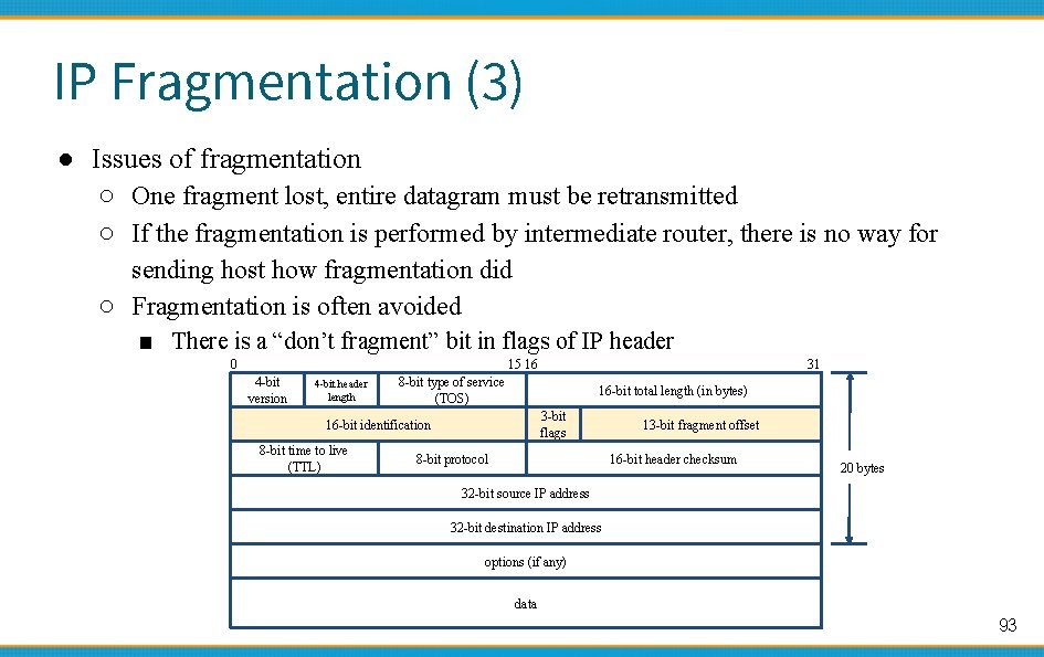 IP Fragmentation (3) ● Issues of fragmentation ○ One fragment lost, entire datagram must