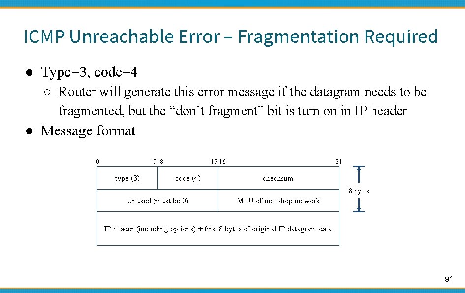 ICMP Unreachable Error – Fragmentation Required ● Type=3, code=4 ○ Router will generate this