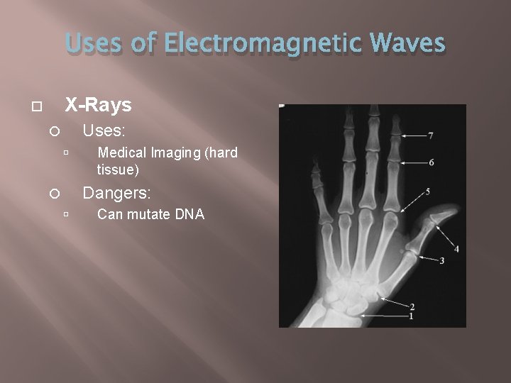 Uses of Electromagnetic Waves X-Rays Uses: Medical Imaging (hard tissue) Dangers: Can mutate DNA