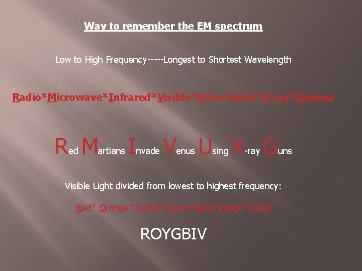 Way to remember the EM spectrum Low to High Frequency-----Longest to Shortest Wavelength Radio*Microwave*Infrared*Visible*Ultra-Violet*X-ray*Gamma