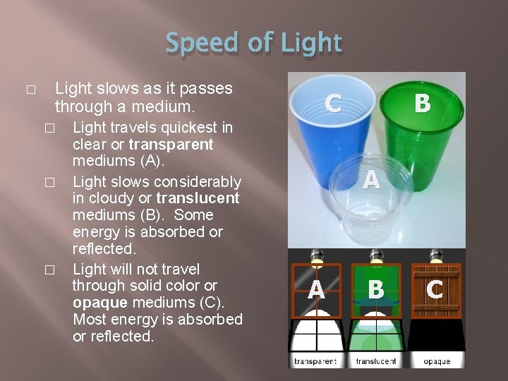 Speed of Light � Light slows as it passes through a medium. � �