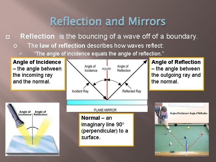 Reflection and Mirrors Reflection is the bouncing of a wave off of a boundary.