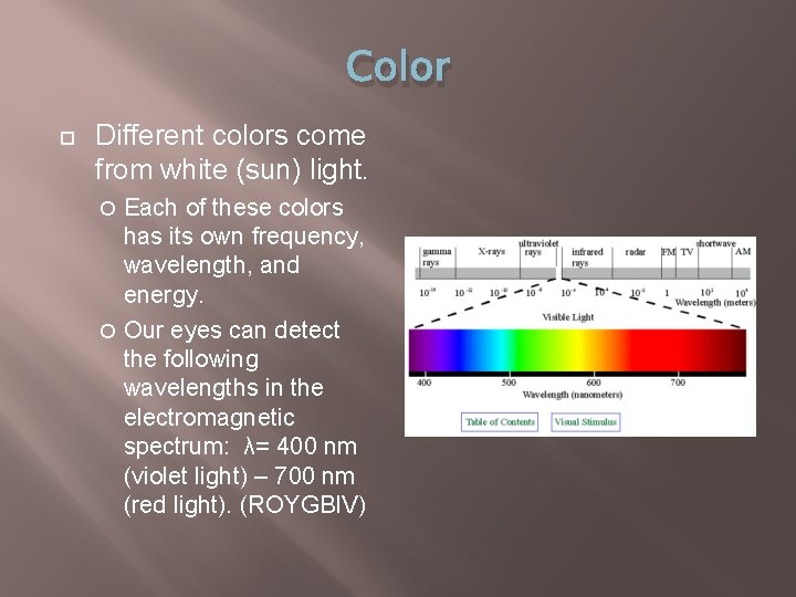 Color Different colors come from white (sun) light. Each of these colors has its