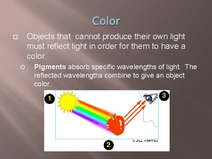 Color Objects that cannot produce their own light must reflect light in order for