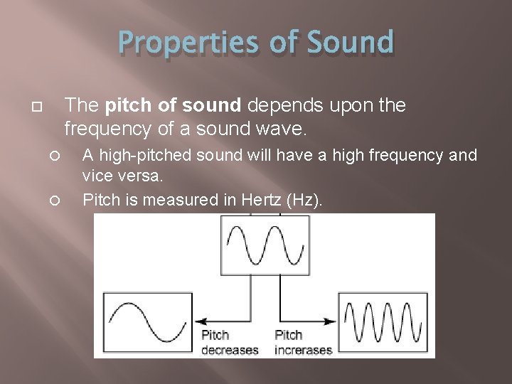 Properties of Sound The pitch of sound depends upon the frequency of a sound