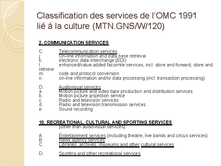 Classification des services de l’OMC 1991 lié à la culture (MTN. GNS/W/120) 2. COMMUNICATION