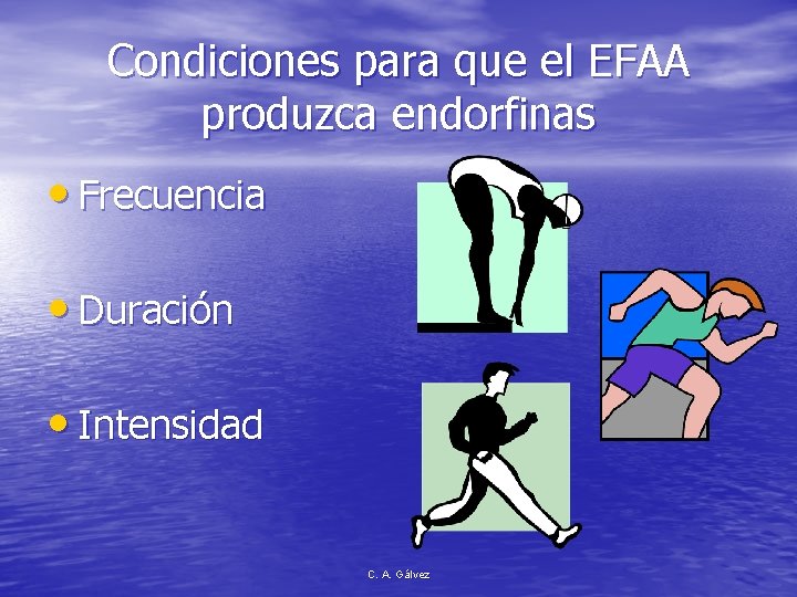 Condiciones para que el EFAA produzca endorfinas • Frecuencia • Duración • Intensidad C.