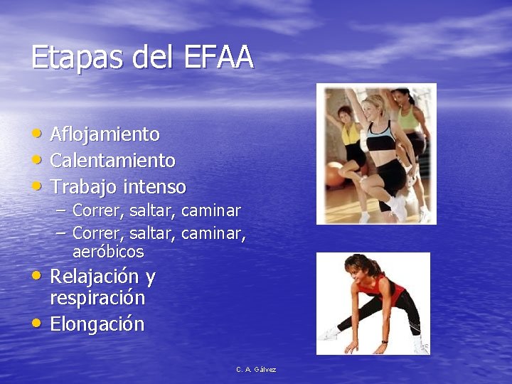 Etapas del EFAA • Aflojamiento • Calentamiento • Trabajo intenso – Correr, saltar, caminar,