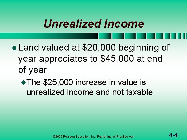 Unrealized Income ® Land valued at $20, 000 beginning of year appreciates to $45,
