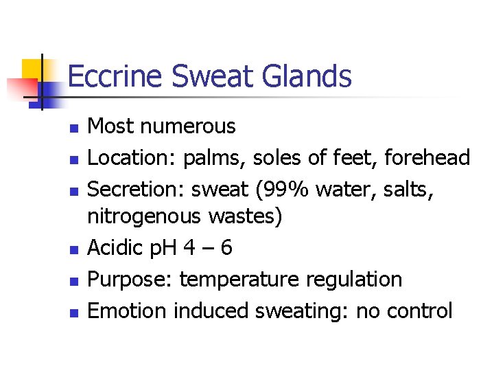 Eccrine Sweat Glands n n n Most numerous Location: palms, soles of feet, forehead Eccrine Sweat Glands n n n Most numerous Location: palms, soles of feet, forehead