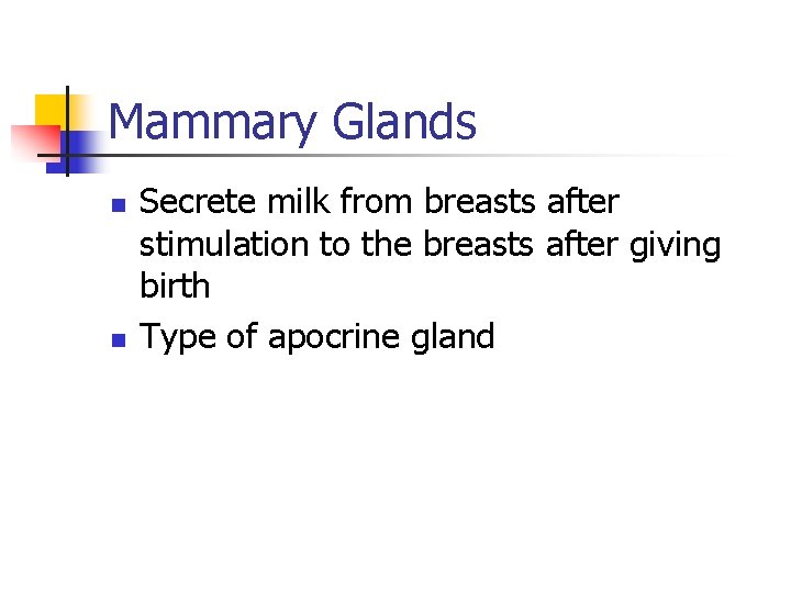 Mammary Glands n n Secrete milk from breasts after stimulation to the breasts after Mammary Glands n n Secrete milk from breasts after stimulation to the breasts after