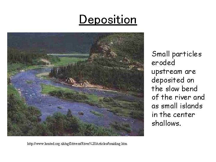 Deposition Small particles eroded upstream are deposited on the slow bend of the river