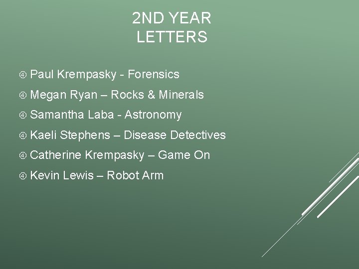 2 ND YEAR LETTERS Paul Krempasky - Forensics Megan Ryan – Rocks & Minerals