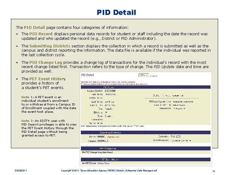 PID Detail The PID Detail page contains four categories of information: • The PID