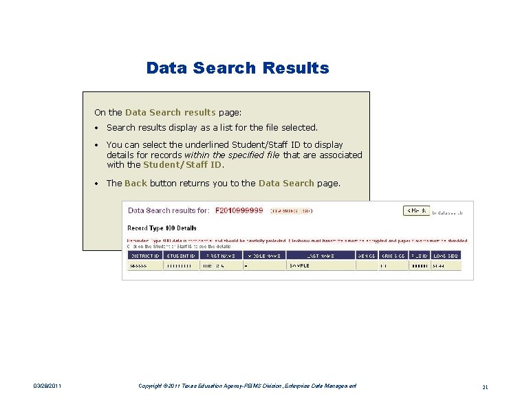 Data Search Results On the Data Search results page: • Search results display as