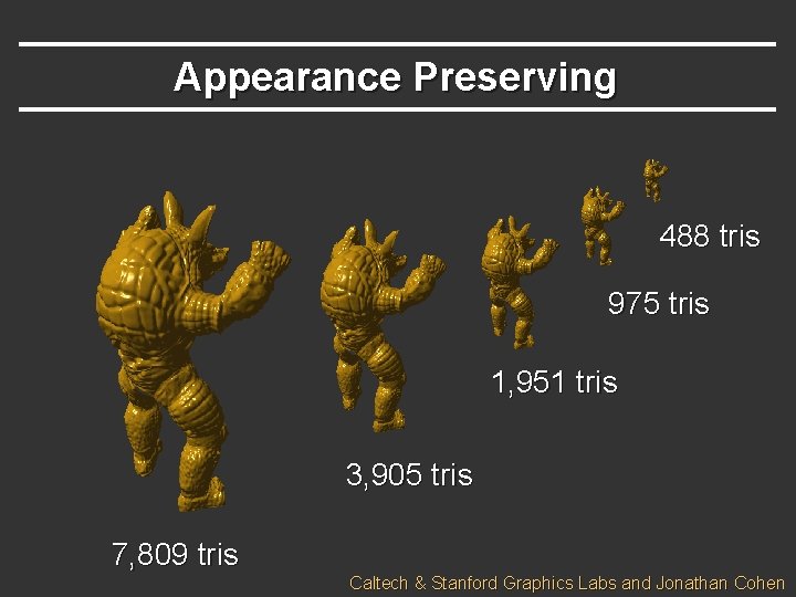 Appearance Preserving 488 tris 975 tris 1, 951 tris 3, 905 tris 7, 809