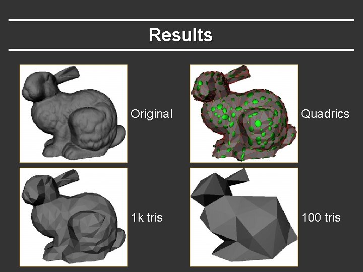 Results Original Quadrics 1 k tris 100 tris 